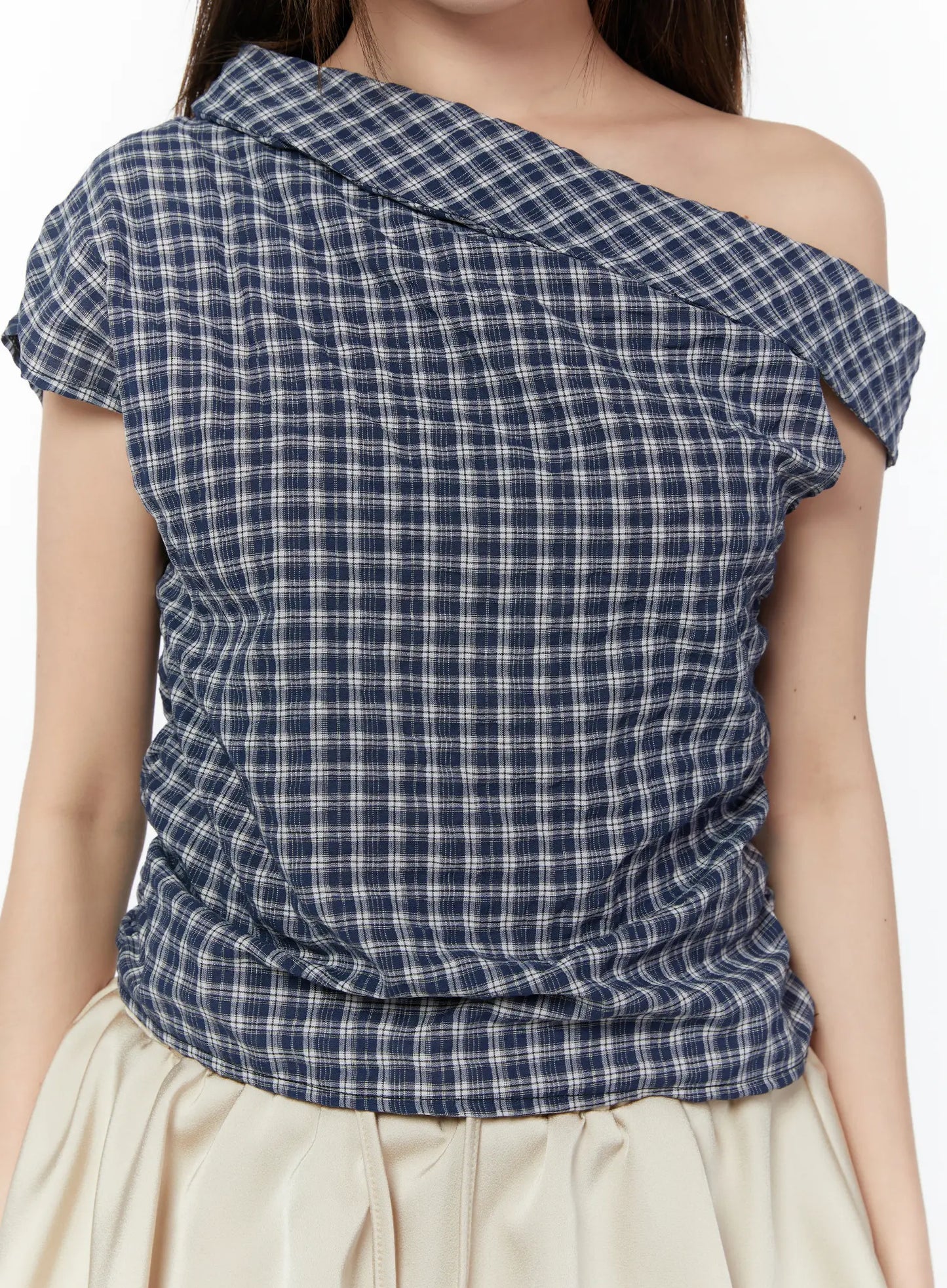 Asymmetric Ruched Plaid Blouse CY519