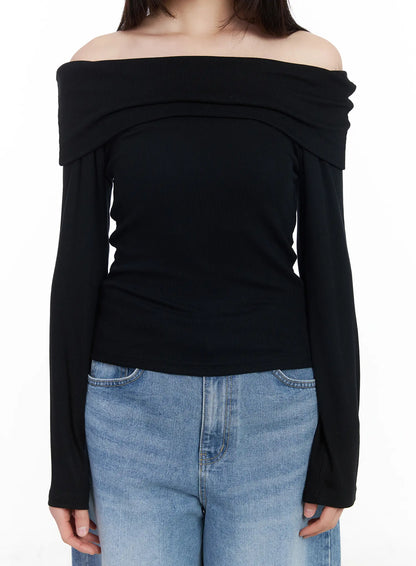 Basic Off-Shoulder Ribbed Long Sleeve Top CM512