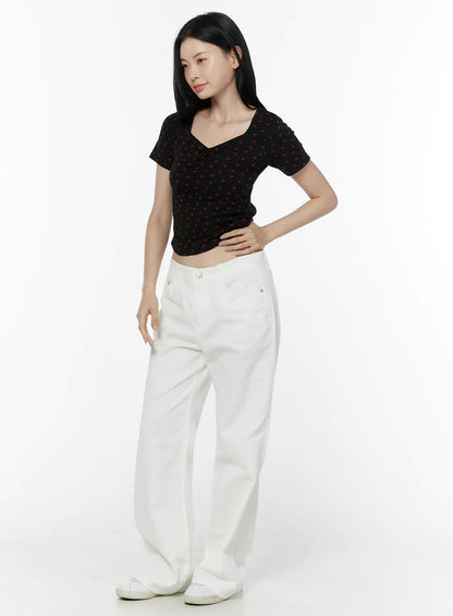 Cherry Print Sweetheart Neckline Tee IU505