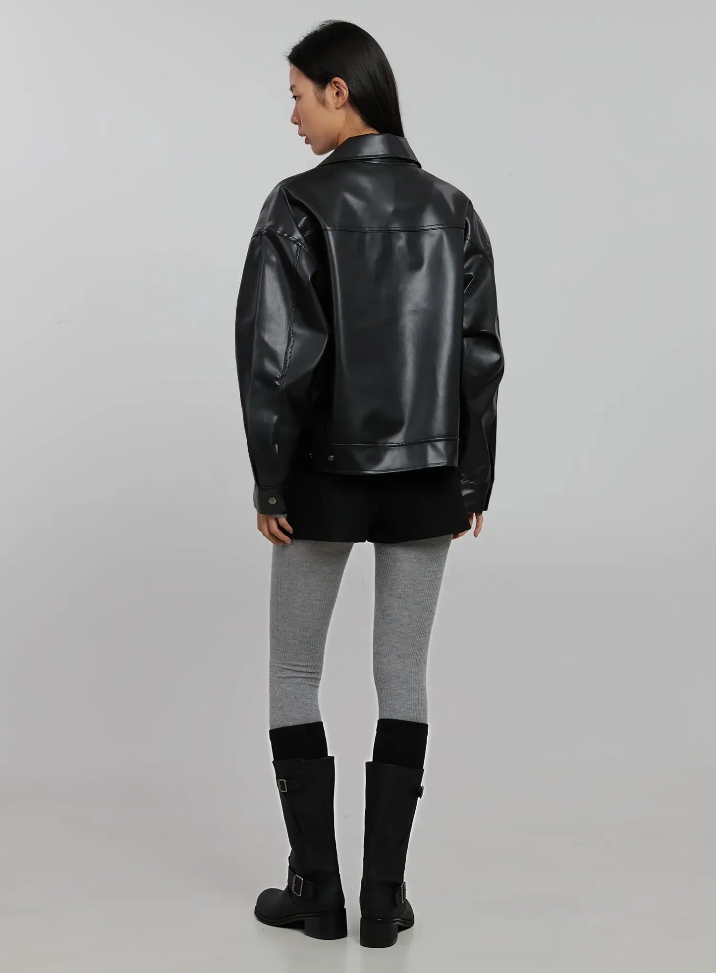 Basic Cropped Faux Leather Jacket IN507