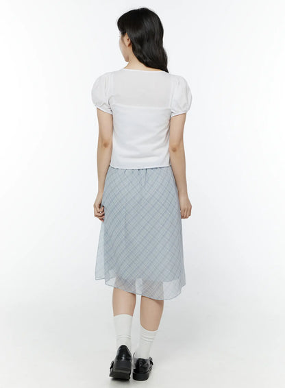 Chiffon Flare Plaid Midi Skirt IY507