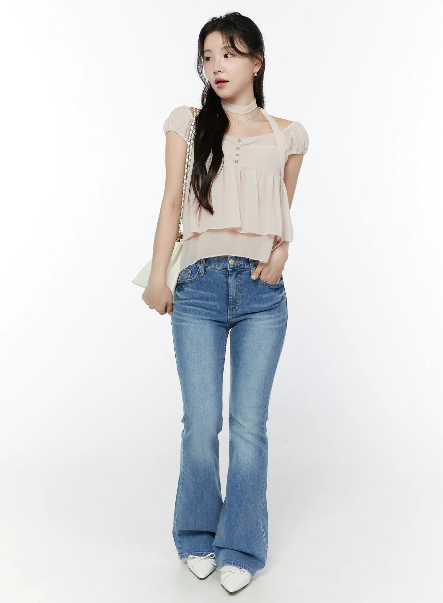 Chiffon Layered Blouse And Skinny Scarf Set IY511