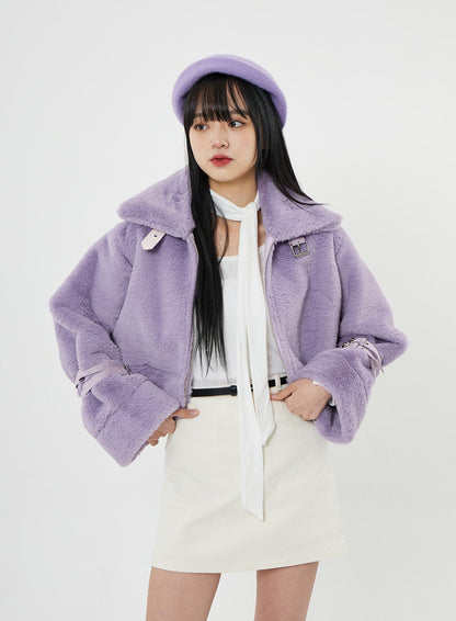 Buckle Soft Fur Crop Shearling Jacket BN04