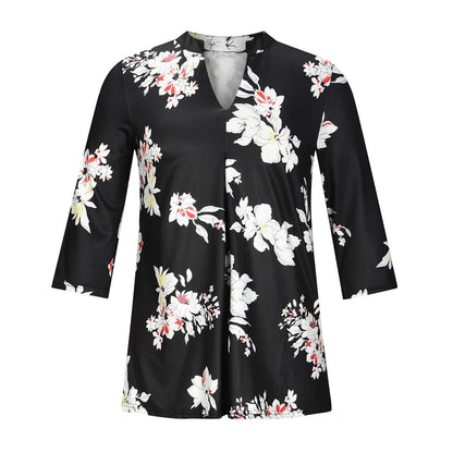 Flowers Print Tops V Neck Long Sleeve Flowers Print Shirt Women Blouse