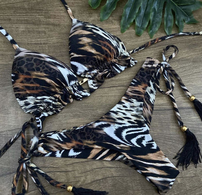 Skull leopard print split bikini