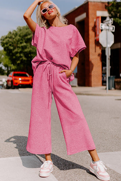 Bright White Textured Loose Fit T Shirt and Drawstring Pants Set
