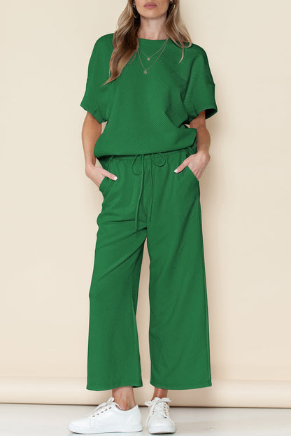 Bright White Textured Loose Fit T Shirt and Drawstring Pants Set