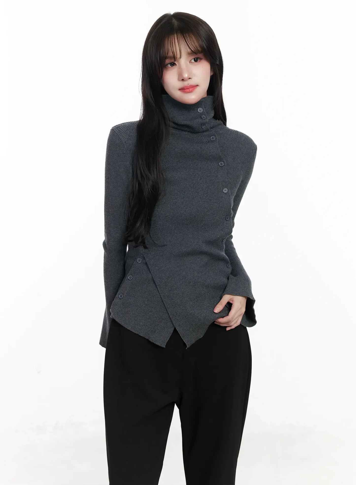 Asymmetric Buttoned Knit Top IJ529