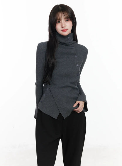 Asymmetric Buttoned Knit Top IJ529
