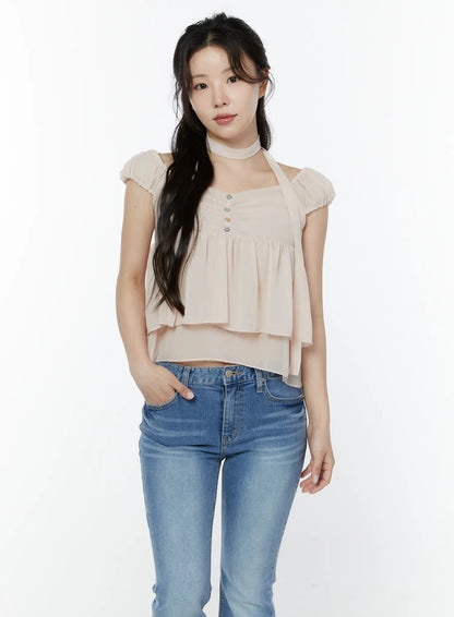Chiffon Layered Blouse And Skinny Scarf Set IY511