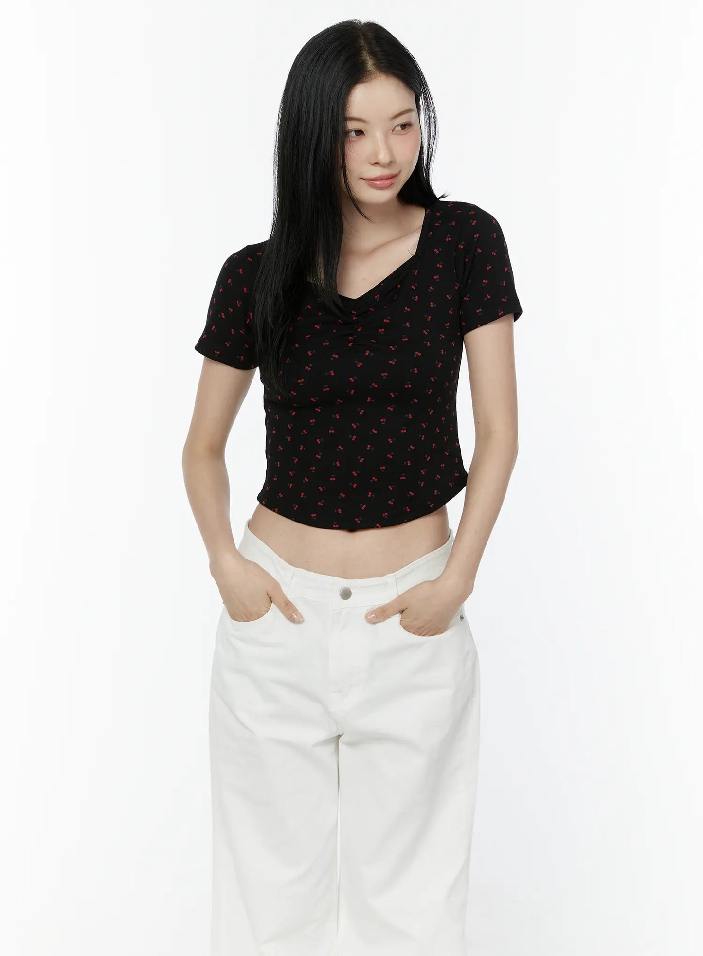 Cherry Print Sweetheart Neckline Tee IU505