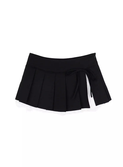 Chic Pleated Ribbon Lace Trim Mini Skirt IU518