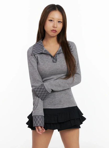Checkered Collar Top IN528