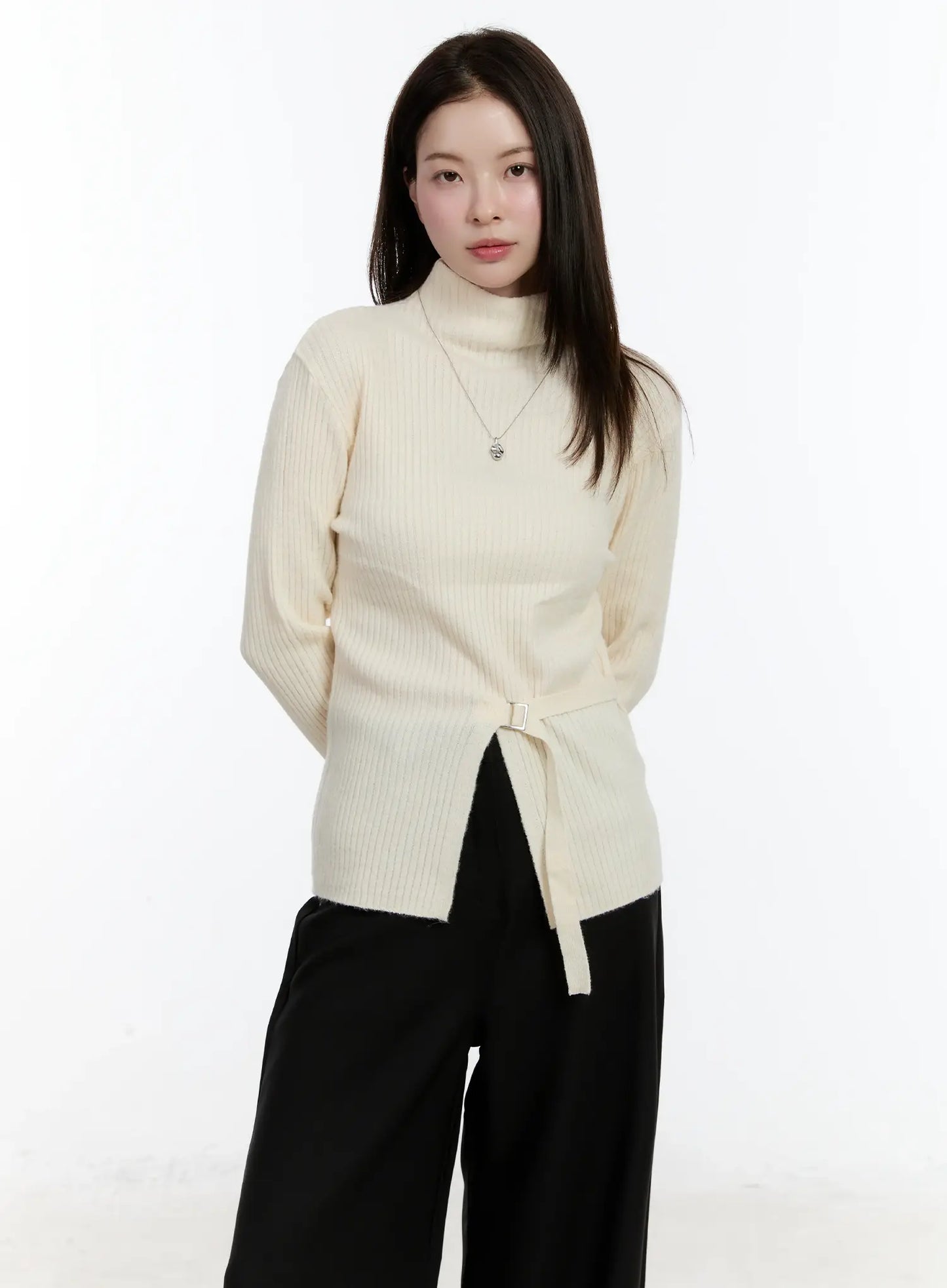 Buckle Ribbed Half Turtleneck Sweater