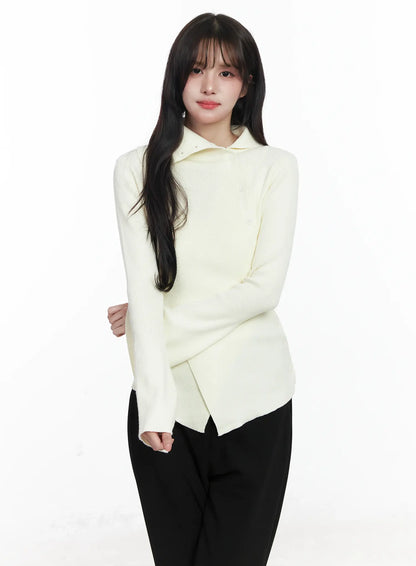 Asymmetric Buttoned Knit Top IJ529