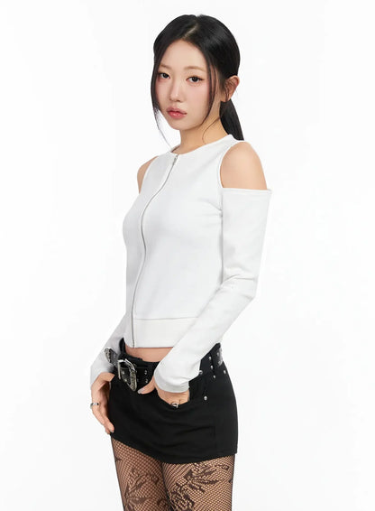 Chic Shoulder Cut-Out Zip-Up Top IA507