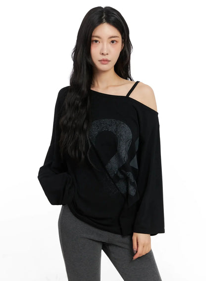 Casual Graphic Long Sleeve Off-Shoulder Top IN528