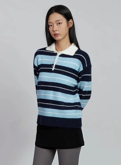 Buttoned Collar Striped Knit Sweater IM520