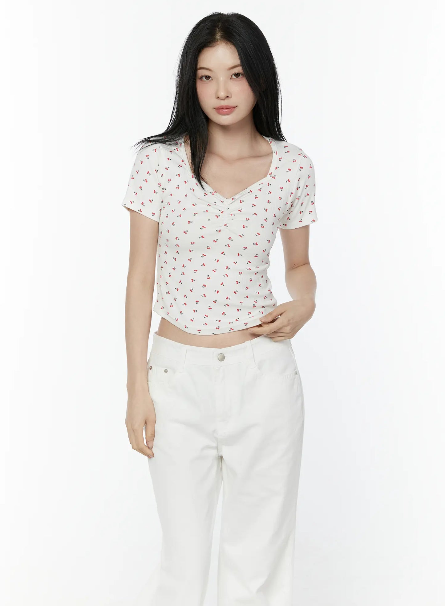 Cherry Print Sweetheart Neckline Tee IU505