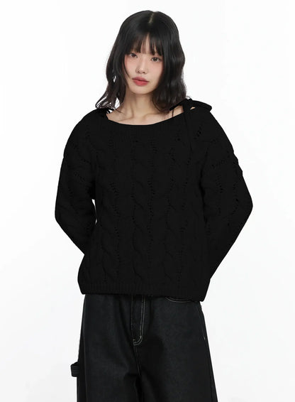 Boat Neck Cable Knit Top IF505