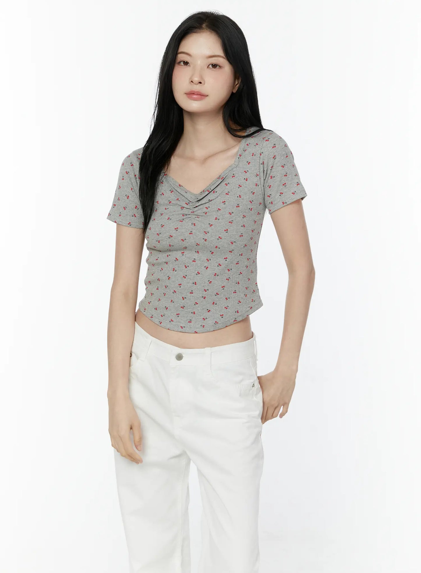 Cherry Print Sweetheart Neckline Tee IU505