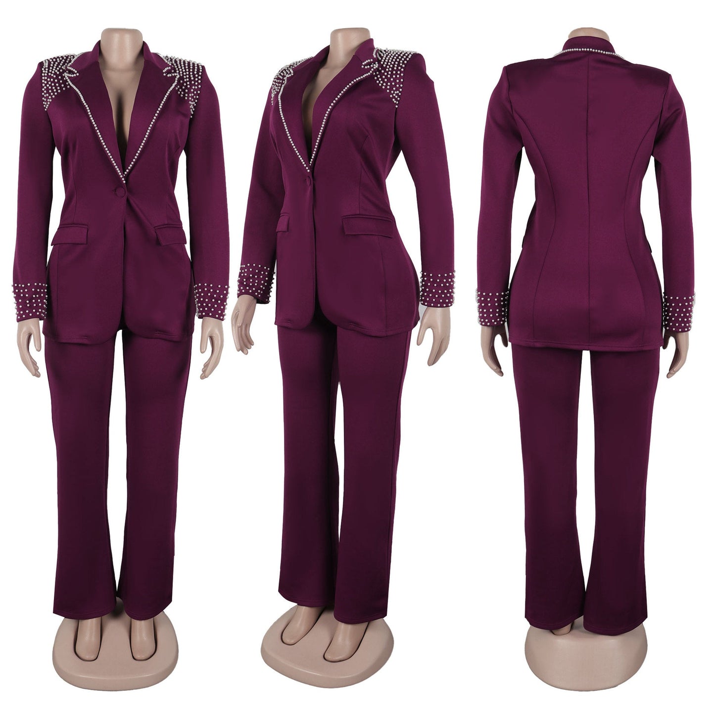 CM.YAYA Fashion Pearl Splicing Women's Set Long Sleeve Blazer and Wide Leg Pants Suit 2024 Winter OL Fall Two 2 Piece Set Outfit