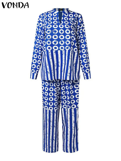 Plus Size 5XL VONDA Women Matching Sets 2024 Fashion Long Sleeve Suits Polka Dot Striped Shirts And Elastic Waist Pant Sets