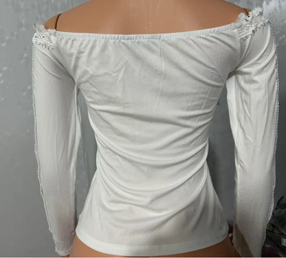 2023 Autumn Winter Spring New Fashion Casual Sexy Blouses Off Shoulder Hollow Out Lace Top Female Clothing TShirts Pullover Tops