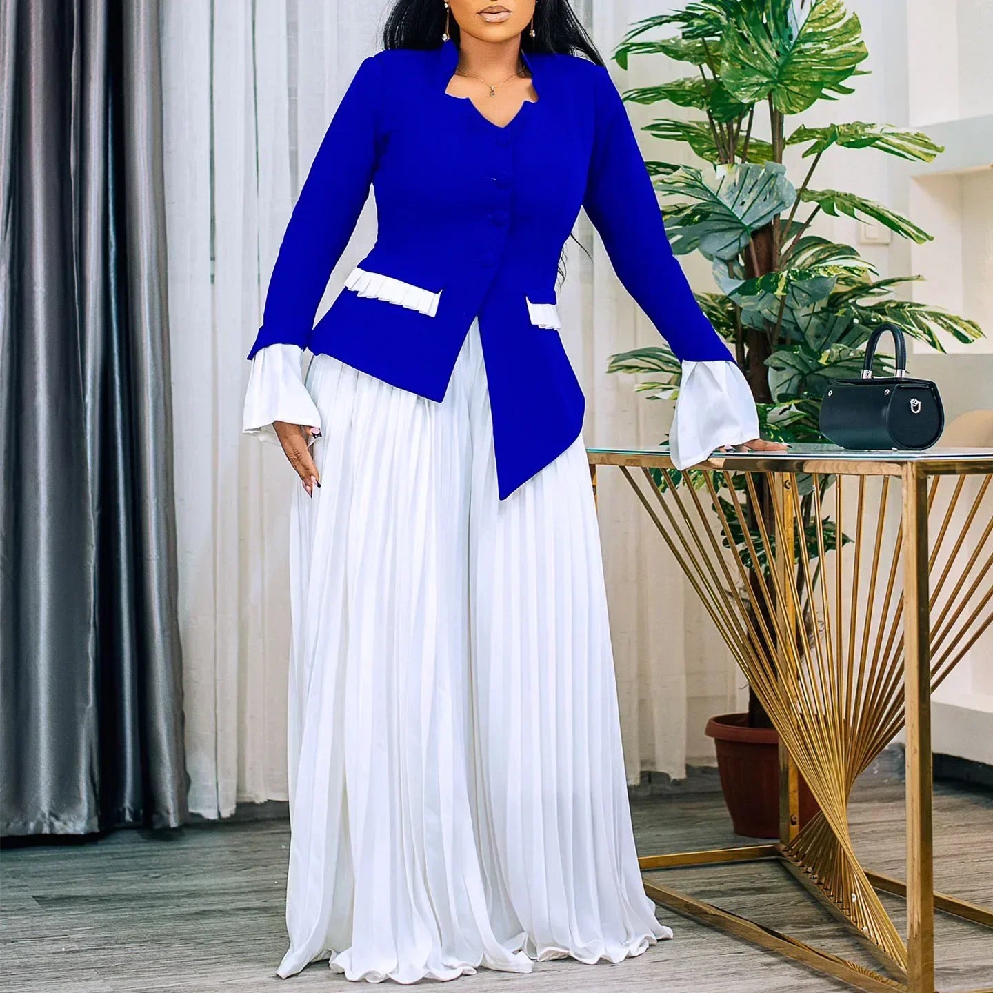 CM.YAYA Women's Set Full Flare Sleeve Button Blazer Shirt + Pleated Long Pants Suit Streetwear Two 2 Piece Set Africa OL Outfits