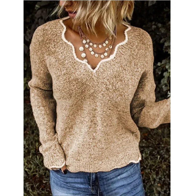 ALLUKASA 2025  Autumn Winter Women's Solid Color Long Sleeved V-neck Knitted Cute Pullover Sweater Loose