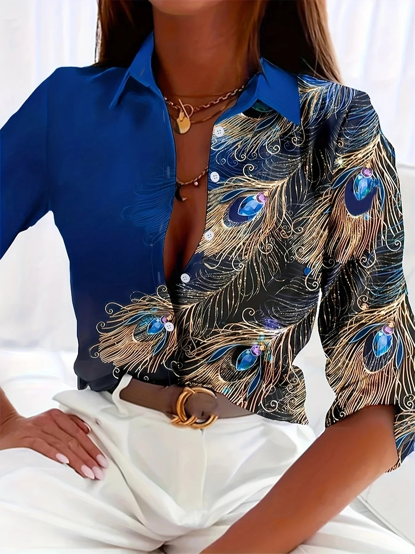 Peacock Print Casual Loose Women's Shirt 2023 Autumn Vintage Women's Oversized Shirts and Blouses Fashion Elegant Women's Tops