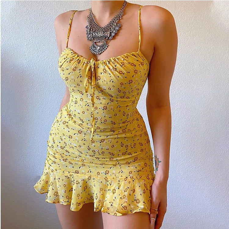 Floral Print Spaghetti Strap Dresses Women Sexy Low Cut Hollow Out Leace-up Package Hip Ruffles Mini Dress Female Vestidos 2024