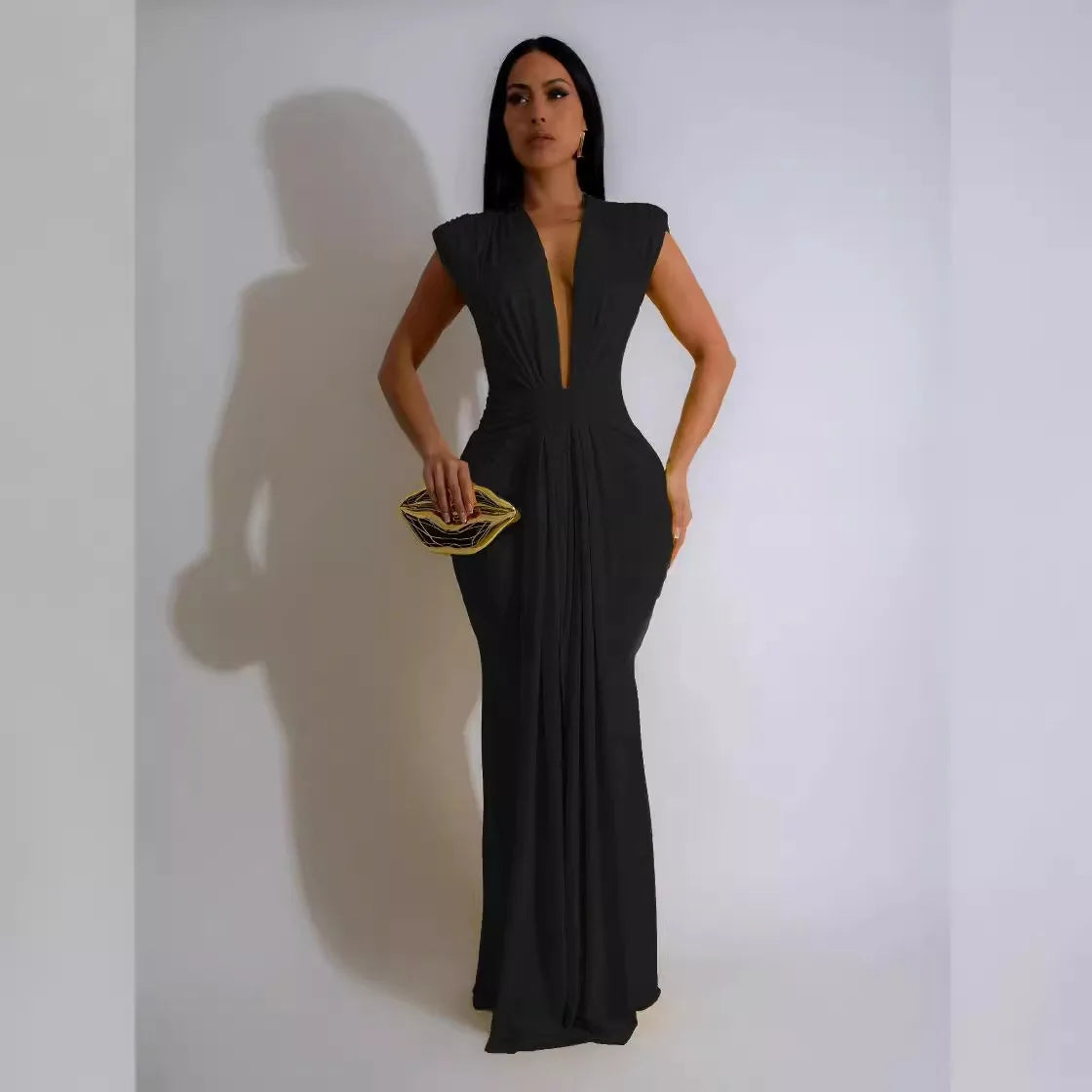 Dress Women Long Dresses Deep V Neck Sleeveless Solid Slim Fit Tight Waist Sexy Elegant Splice Hip Wrap Temperament Vestidos