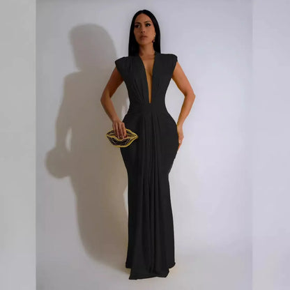 Dress Women Long Dresses Deep V Neck Sleeveless Solid Slim Fit Tight Waist Sexy Elegant Splice Hip Wrap Temperament Vestidos