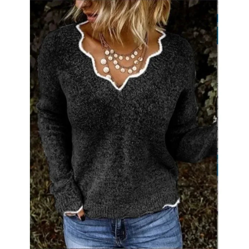 ALLUKASA 2025  Autumn Winter Women's Solid Color Long Sleeved V-neck Knitted Cute Pullover Sweater Loose