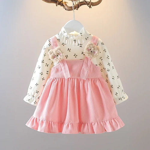 Fake Two Pieces Dress Corduroy Cartoon Bear Cherry Print Splicing Dresses Girls Princess Birthday Gift Kid Spring Autumn Clothes