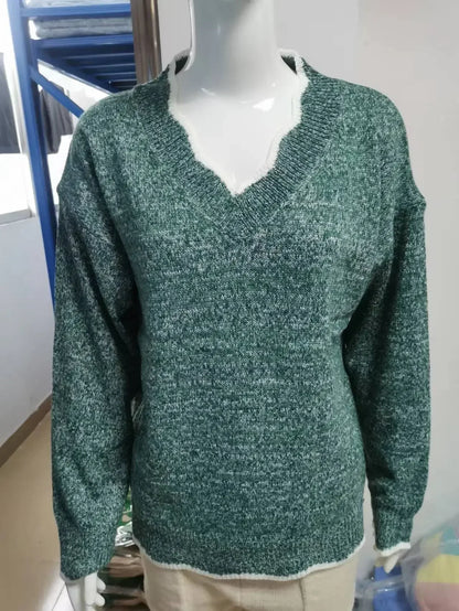 ALLUKASA 2025  Autumn Winter Women's Solid Color Long Sleeved V-neck Knitted Cute Pullover Sweater Loose