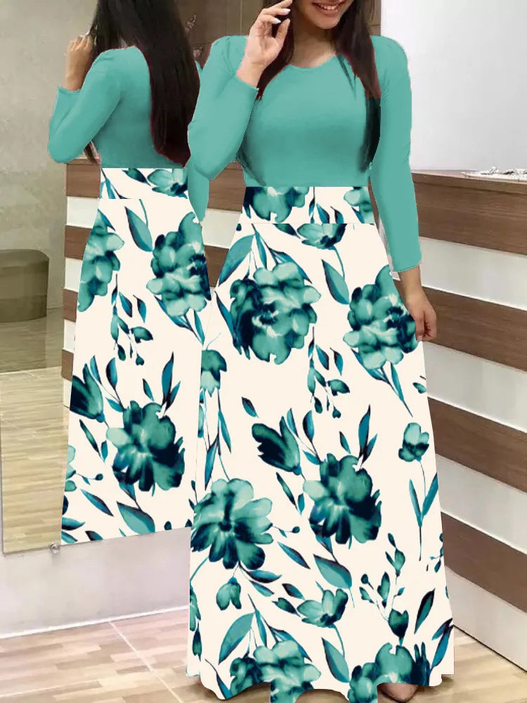Autumn hot selling European and American flower color matching dresses, long dresses, women's clothing in stock