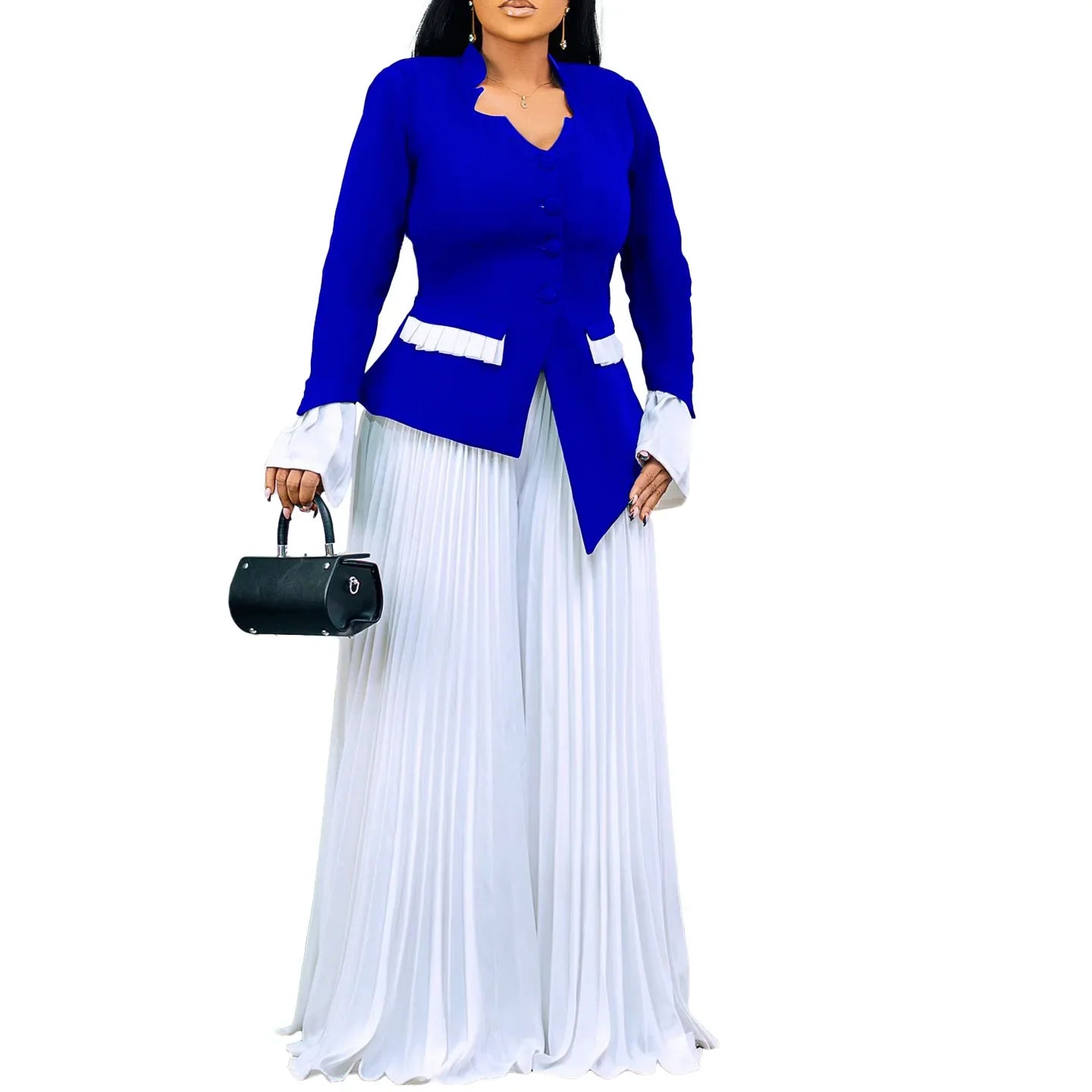 CM.YAYA Women's Set Full Flare Sleeve Button Blazer Shirt + Pleated Long Pants Suit Streetwear Two 2 Piece Set Africa OL Outfits