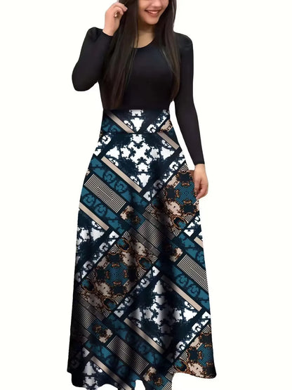 Autumn hot selling European and American flower color matching dresses, long dresses, women's clothing in stock