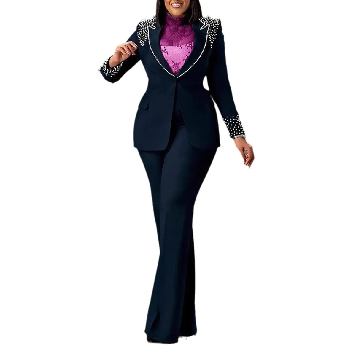 CM.YAYA Fashion Pearl Splicing Women's Set Long Sleeve Blazer and Wide Leg Pants Suit 2024 Winter OL Fall Two 2 Piece Set Outfit