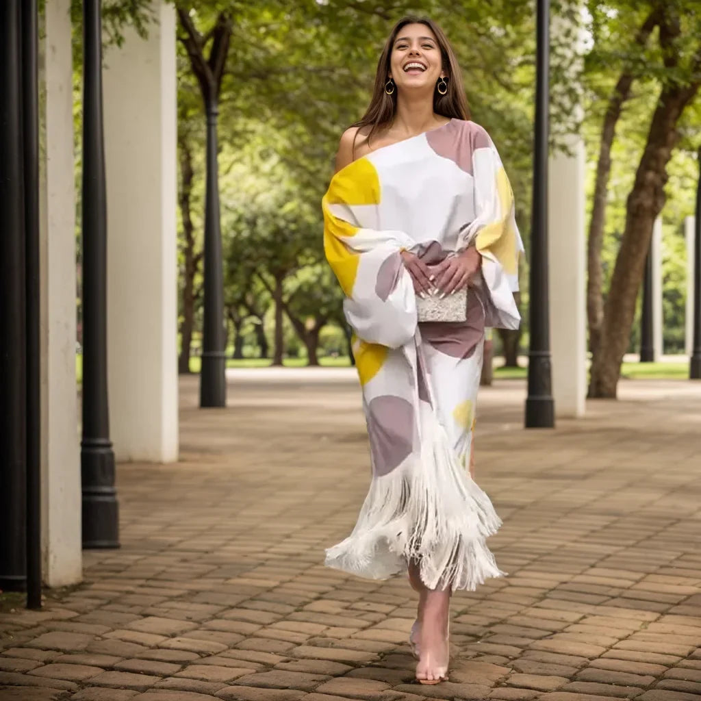 Spring Printing Dress Suits for Women Fashion Sexy One Shoulder Lantern Sleeve Top and Tassels Skirts Female Two Piece Sets