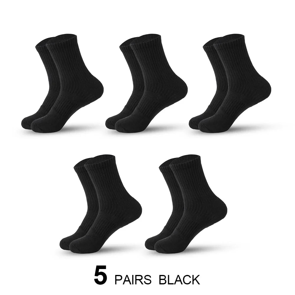 Mens Moisture Wicking Outdoor Hiking Work Cotton Socks Compression Cushion Crew Socks Leisure Men Black Socks 5 Pairs