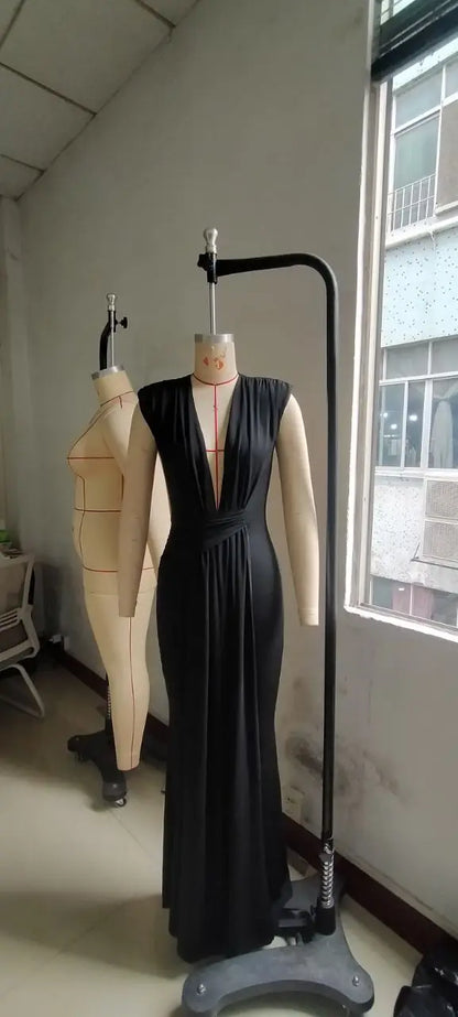 Dress Women Long Dresses Deep V Neck Sleeveless Solid Slim Fit Tight Waist Sexy Elegant Splice Hip Wrap Temperament Vestidos