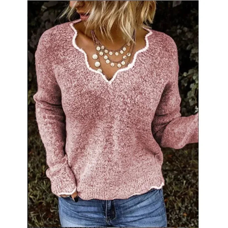 ALLUKASA 2025  Autumn Winter Women's Solid Color Long Sleeved V-neck Knitted Cute Pullover Sweater Loose