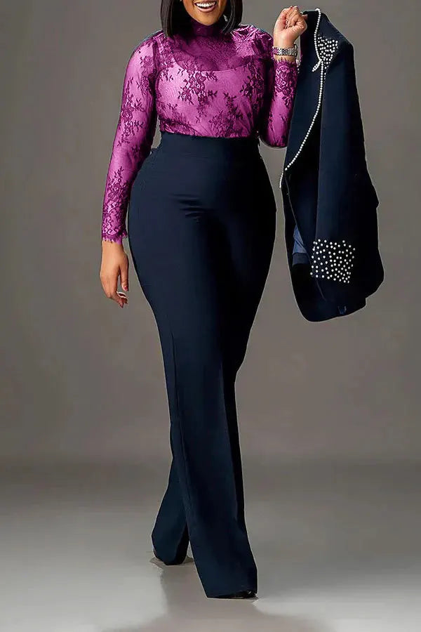 CM.YAYA Fashion Pearl Splicing Women's Set Long Sleeve Blazer and Wide Leg Pants Suit 2024 Winter OL Fall Two 2 Piece Set Outfit