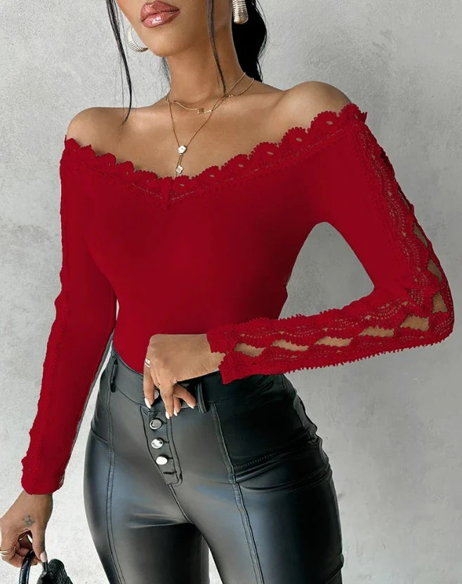 2023 Autumn Winter Spring New Fashion Casual Sexy Blouses Off Shoulder Hollow Out Lace Top Female Clothing TShirts Pullover Tops