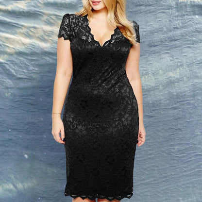 Summer Women See-through Lace Patchwork Mini Dress V-Neck Short Sleeve Slim Fit Plus Size Party Dress Female Clothing