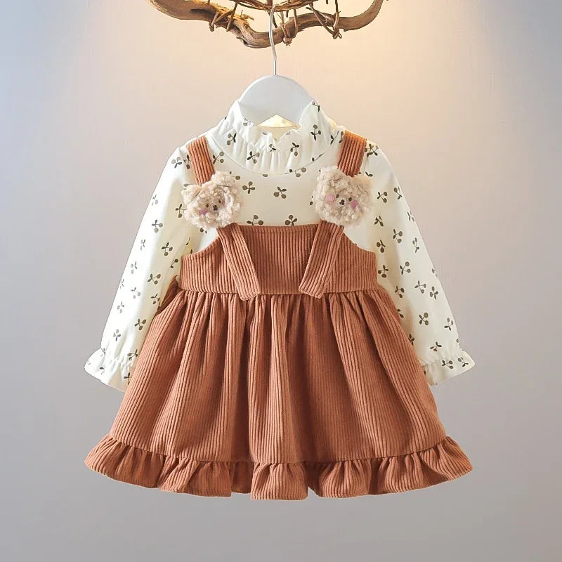 Fake Two Pieces Dress Corduroy Cartoon Bear Cherry Print Splicing Dresses Girls Princess Birthday Gift Kid Spring Autumn Clothes