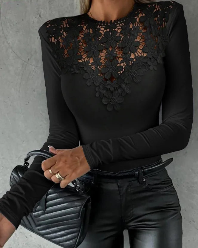 2023 Autumn Winter Spring New Fashion Casual Sexy Blouses Off Shoulder Hollow Out Lace Top Female Clothing TShirts Pullover Tops
